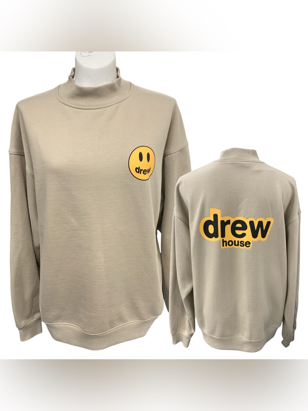 drew house Beige Turtleneck Sweatshirt with Yellow Smiley & Logo Size M